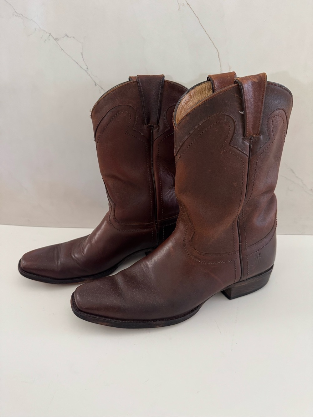 Frye Men's Duke Roper Logo Dark Brown Leather Boots Western Cowboy Sz 8